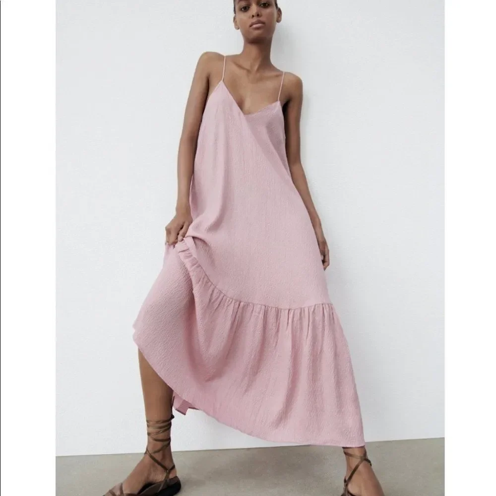 zara pink textured dress ZARA WOMAN NWT SS23 TEXTURED DRESS WITH RUFFLES PASTEL PINK 2924/461